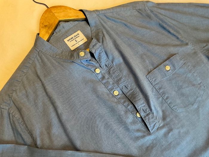 Men shirt Urban Outfitters Shore Leave light blue mandarin collar collarless shirt L