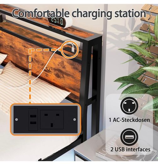 Double Size Floating Bed Frame with Wooden Headboard Storage, Brown Charging Station, LED Lights, Ergonomic 95-degree Headboard Angle, Heavy Duty Metal Slats, No Box Spring Needed