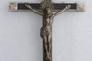 Antique Large Golgotha Crucifix Cross 6.5" Metal Ebony Wood German Skull Bones