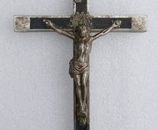 Antique Large Golgotha Crucifix Cross 6.5" Metal Ebony Wood German Skull Bones
