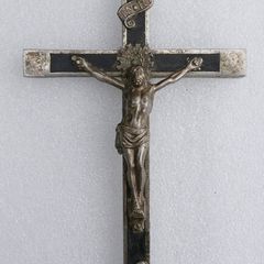 Antique Large Golgotha Crucifix Cross 6.5" Metal Ebony Wood German Skull Bones