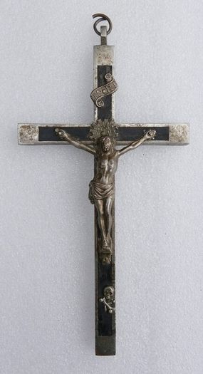 Antique Large Golgotha Crucifix Cross 6.5" Metal Ebony Wood German Skull Bones