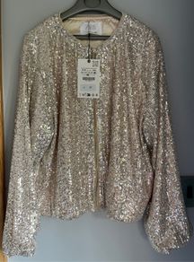 Zara girls champagne sequin bomber jacket Sz 9-10 BNWT