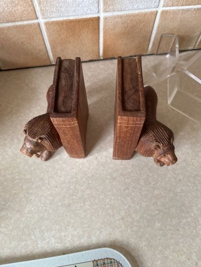 Handcarved Wooden Roaring Lions Bookends