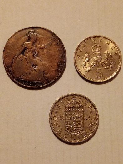 Lot of 3 Vintage British Coins - 1920 Penny, 1963 Shilling & 1968 5 New Pence