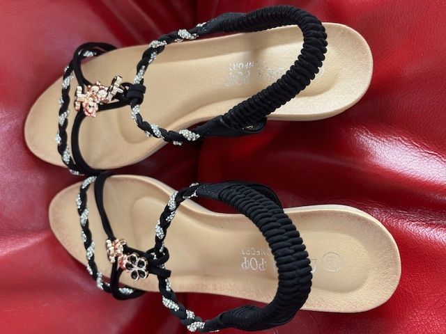 SANDALS. Libra Pop brand- Embellished With Black, Gold & Silver charms. Ultra Comfortable. Size Uk 6 Eu 39 Purchased In Toulouse. Brand New In Box.