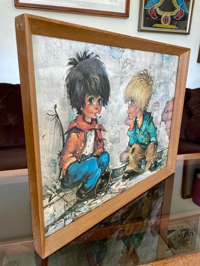 Vintage Teak Framed Certified Art print behind Glass Big Eye Art The Dropouts by Michael Thomas 1969