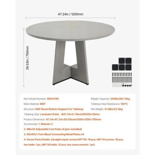 47 inch Wood Table for 4-6 Person, Farmhouse Circle Dinner Furniture, Rustic Leisure Tables with Thick Wooden Legs, for Home Kitchen Living Room, Grey Only Table
