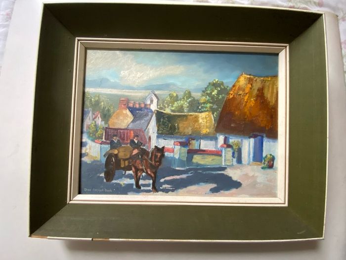Title: Vintage Irish Village Oil Painting by Olive Carroll Doyle Framed