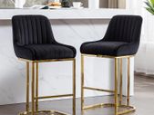 Set of 2 High Bar Stools with Velvet Upholstery & Quilted Back