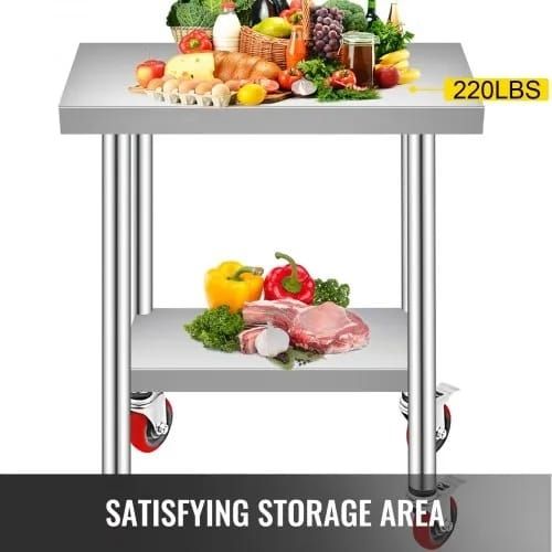 Stainless Steel Work Table 30 x 18 x 34 Inch, 700 LBS Load Capacity with 4 Wheels, 3 Adjustable Height Levels, Heavy Duty Food Prep Worktable