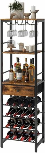 Wine Rack Freestanding Floor with Glass Holder,Brown TMJ905H | Bar Cabinet for Liquor and Glasses 4-Tier Coffee Bar Cabinet Glass Holder and Storage Drawer for Home Kitchen Living Room