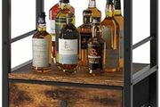 Wine Rack Freestanding Floor with Glass Holder,Brown TMJ905H | Bar Cabinet for Liquor and Glasses 4-Tier Coffee Bar Cabinet Glass Holder and Storage Drawer for Home Kitchen Living Room