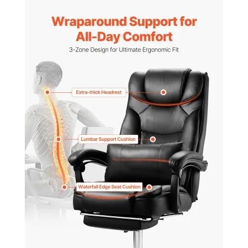 Executive Chair High Back Office Chair with Footrest and Lumbar Pillow Ergonomic Desk Chair 135 Recline & Adjustable Height, PU Leather Swivel Rolling Chair for Work Study Game Black