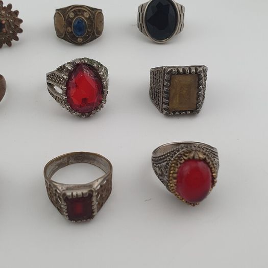 15 Antique Style Brass Rings Mixed Stone & Colourful Glass Accents