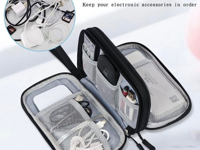 Electronics Accessories Organiser Bag, Travel Cable Organizer Bag Pouch Portable Waterproof Double Layers All-in-One Carry Travel Bag for Cable, Cord, Charger, Phone, Earphone M-Black