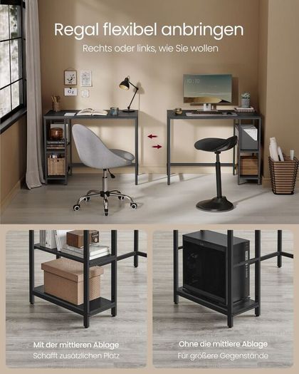 Desk Computer Desk PC Desk Office Table with 2 Shelves on Right or Left Side for Office Living Room Steel Frame Industrial Design Vintage Brown/Black