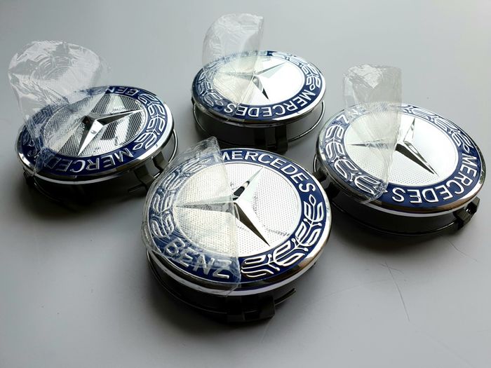 Mercedes Benz Classic 75mm Chrome / Blue 4 x Wheel Center Caps Cap Hub