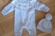 Fred &amp; Flo Knitted All-in- one Bodysuit with matching Bobble Hat Age 0-3 Months