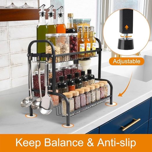 Black Spice Rack Organiser, 2 Tier Spices Organizers and Storage Racks, Spice Racks Free Standing for kitchen Countertop Organizer