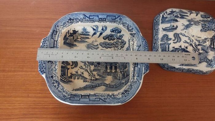 Fabulous Antique Blue and White Transferware Willow Pattern Shallow Lidded Tureen/Vegetable Dish For Display, Unknown Maker, Most Likely Staffordshire Made