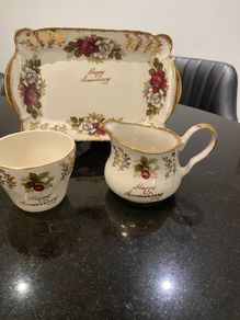 Old  H Aynsley and Co Happy Anniversary trio  tray jug and sugar bowl