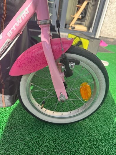 Decathlon B'TWIN 14" Kids Bike (Pink / Unicorn) + Basket, Bell & Stabilisers