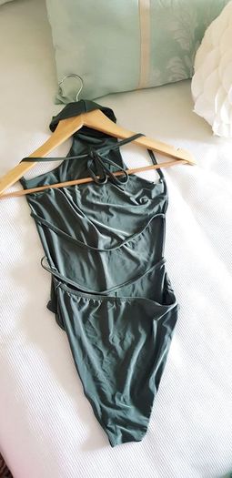 Khaki Green Halterneck Open Back Bodysuit - Size 6