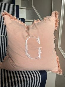 New 45cm x 45cm 100% cotton monogrammed G cushion in peach blush with feather filler