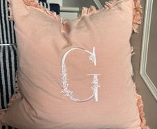 New 45cm x 45cm 100% cotton monogrammed G cushion in peach blush with feather filler
