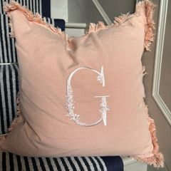 New 45cm x 45cm 100% cotton monogrammed G cushion in peach blush with feather filler