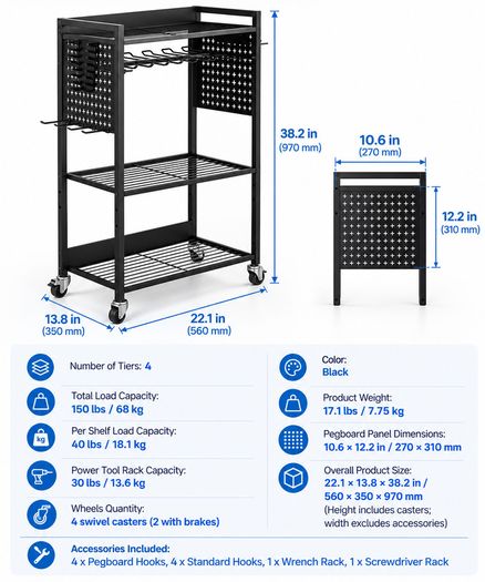 Heavy Duty 4 Tier Tool Organiser Cart with Wheels 150 lbs Rolling Tool Trolley Garage Storage Rack