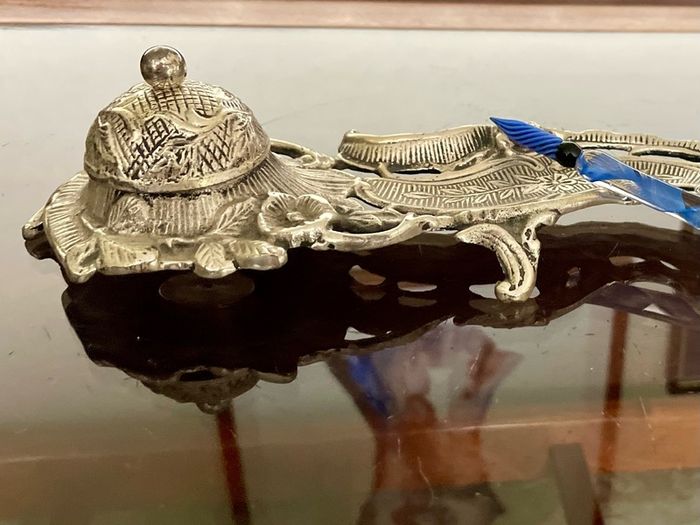 Vintage Art Nouveau Style Inkwell with Pen Tray Ink Pot Insert and Glass Dip Pen