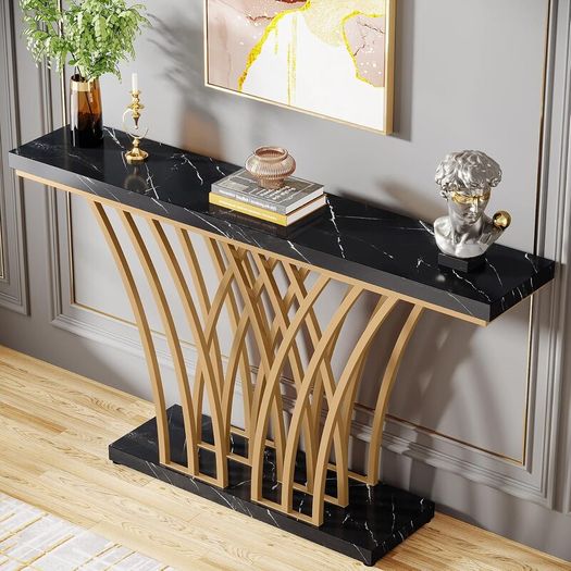 Gold Console Table, 150 x 29.5 x 80 with Lattice Metal Base for Entrance,