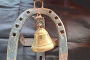 Beautiful Old Iron Wall Mounted Last Call Horseshoe and Brass Bell, Postage Available