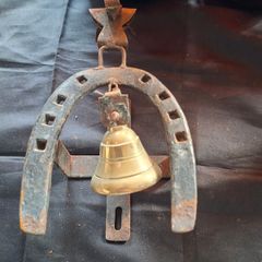 Beautiful Old Iron Wall Mounted Last Call Horseshoe and Brass Bell, Postage Available