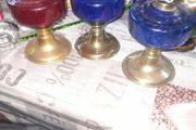 3 Beautiful Old 2 Blue, 1 Red Glass Oil Lamps, Postage Available,