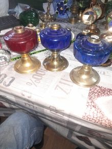 3 Beautiful Old 2 Blue, 1 Red Glass Oil Lamps, Postage Available,