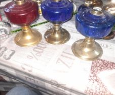 3 Beautiful Old 2 Blue, 1 Red Glass Oil Lamps, Postage Available,