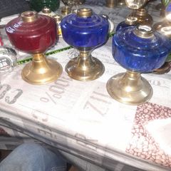 3 Beautiful Old 2 Blue, 1 Red Glass Oil Lamps, Postage Available,