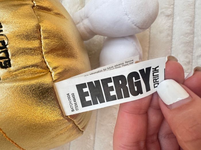 Gold Energy Drink Metallic Plush approx. 30 cm. Used Please see photos