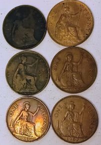 Six English 1 Penny Coins 1897 to 1967