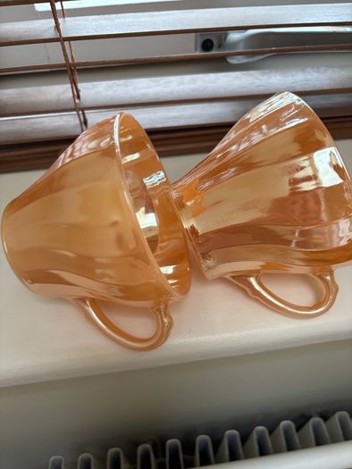 A bundle of vintage - retro pieces, Carnival Glass , Anchor Hocking Fire King, Large Ribbed Glass Butter Dish, Citrus Juicer, Three Footed Glass Sugar Bowl and Jug