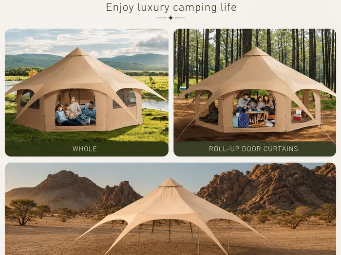 5m Canvas Bell Tent Luxury Glamping Tent with Stove Jack, 8 Mesh Windows & Year-Round Camping Shelter