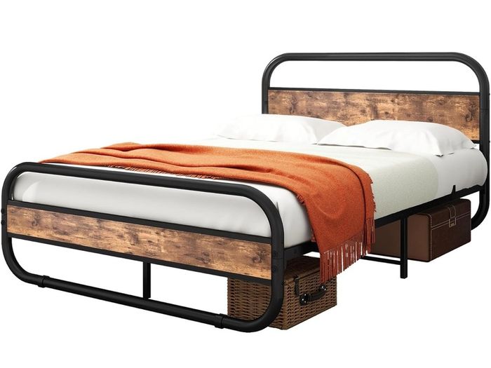 King Size Bed Metal Platform Bed Frame with Wood Headboard