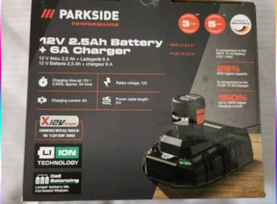 Parkside Performance Next Gen 2.5AH X12V Battery And 6.0A X12V Fast Charger. Also For Sale 2AH 5AH X12V Batteries 2.4A,  X12V Chargers X12V Cordless Led Work Light