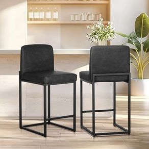 24 Bar Stools Set of 2 Breakfast Chair Pu Leather Kitchen Stools with Backs Bar Stool with Footrest for Kitchen Counter Sturdy Metal Steel Frame, Black