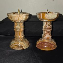 1980's Onyx and Brass Italian Candlesticks