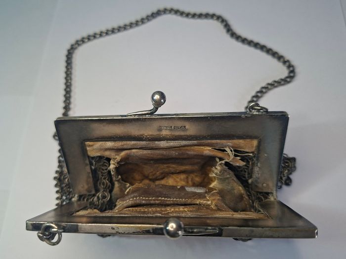 German silver chainmail mesh purse with floral clasp and chain strap