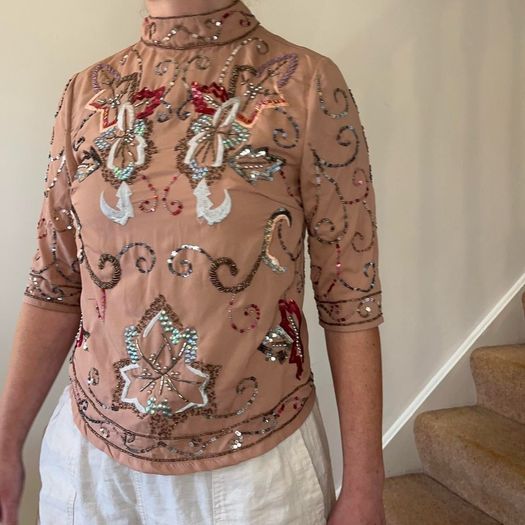 Folkster blush pink / cream sequin embellished and beaded high neck top